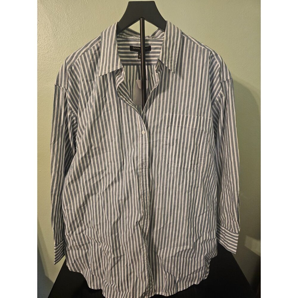 Women Banana Republic Business Casual Blue & White Pinstripe Button Down Size L - Picture 10 of 12